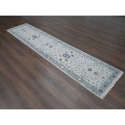 Oushak And Peshawar Wool Hand Knotted Rug Grey Silver Blue 2.7X11.9 -O084017