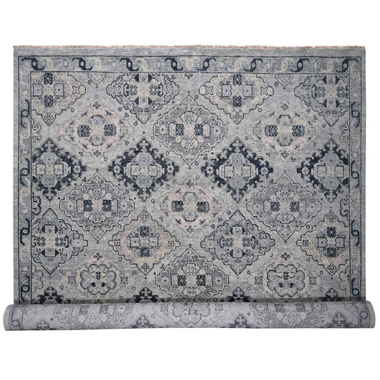 Tribal & Geometric Wool Hand Knotted Rug Grey Silver Gray 13.9X17.9 -O084024