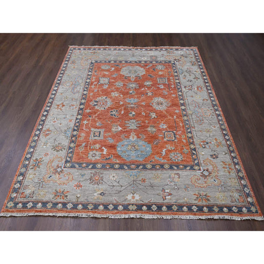 Oushak And Peshawar Wool Hand Knotted Rug Orange Taupe 8.10X11.10 -O084047