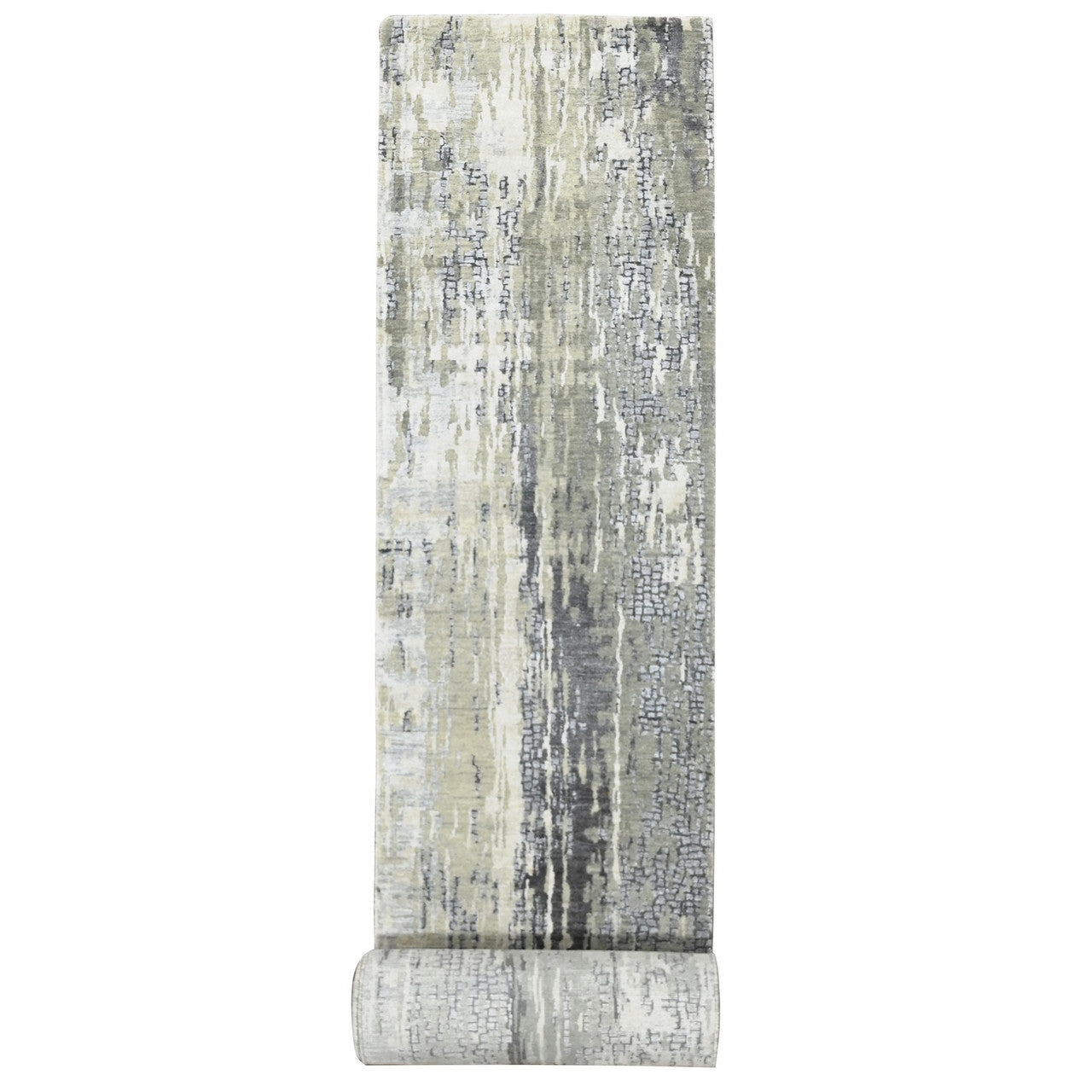 Gray 2'9" x 22'3" Modern and Contemporary Hand knotted Wool/Silk Rug - Sku: O084234