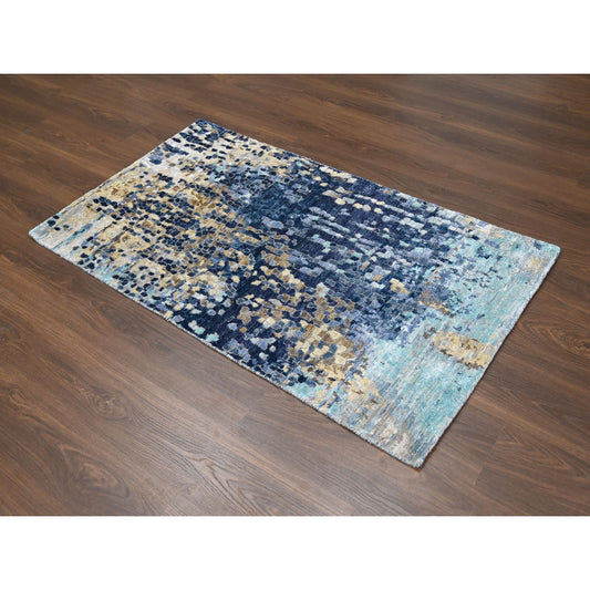 Modern and Contemporary Wool & Silk Hand Knotted Rug Blue No Border 3.2X5.0 -O084259