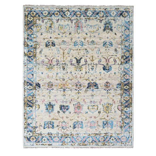 Oushak And Peshawar Wool Hand Knotted Rug Ivory Cerulean 7.10X9.10 -O084293