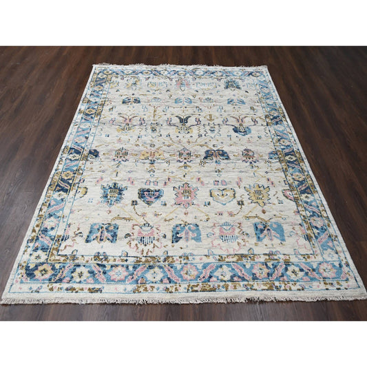 Oushak And Peshawar Wool Hand Knotted Rug Ivory Cerulean 7.10X9.10 -O084293