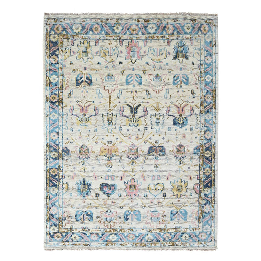 Oushak And Peshawar Wool Hand Knotted Rug Ivory Cerulean 7.10X9.10 -O084295