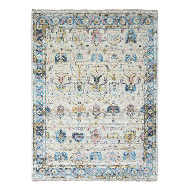 Oushak And Peshawar Wool Hand Knotted Rug Ivory Cerulean 7.10X9.10 -O084295