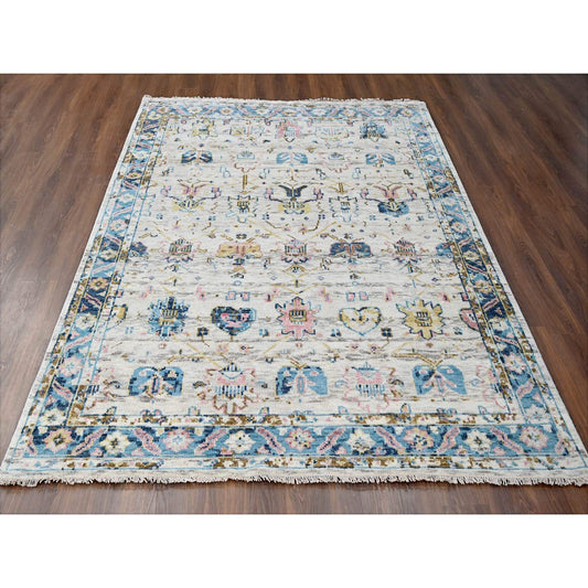 Oushak And Peshawar Wool Hand Knotted Rug Ivory Cerulean 7.10X9.10 -O084295