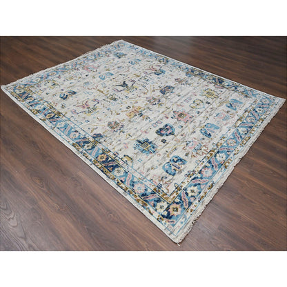 Oushak And Peshawar Wool Hand Knotted Rug Ivory Cerulean 7.10X9.10 -O084295