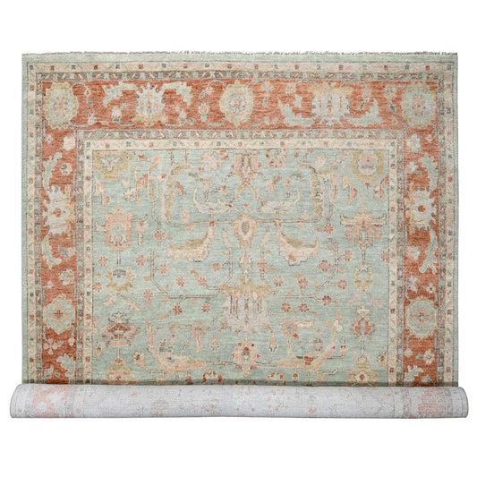 Oushak And Peshawar Wool Hand Knotted Rug Green Rust Red 11.10X14.8 -O084359