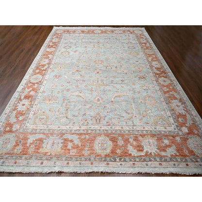 Oushak And Peshawar Wool Hand Knotted Rug Green Rust Red 11.10X14.8 -O084359