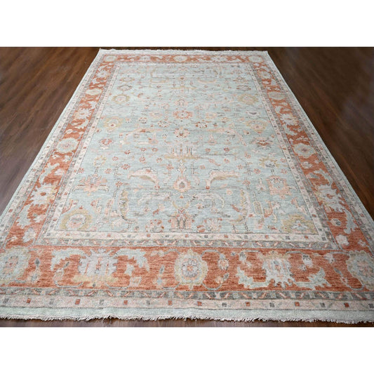 Oushak And Peshawar Wool Hand Knotted Rug Green Rust Red 11.10X14.8 -O084359
