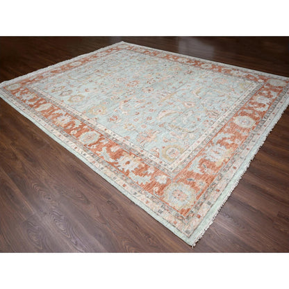 Oushak And Peshawar Wool Hand Knotted Rug Green Rust Red 11.10X14.8 -O084359