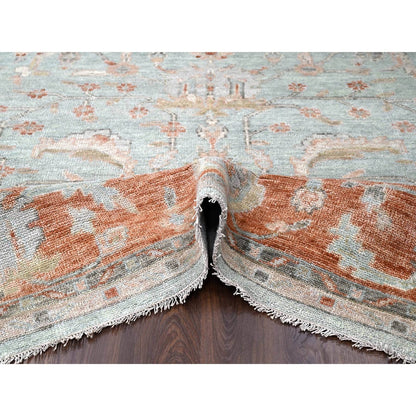 Oushak And Peshawar Wool Hand Knotted Rug Green Rust Red 11.10X14.8 -O084359
