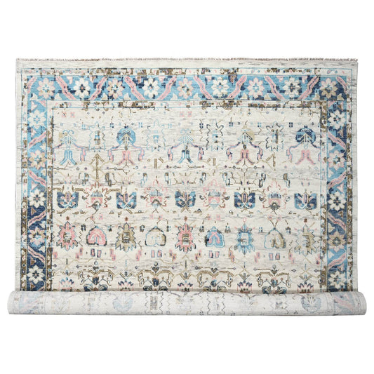 Oushak And Peshawar Wool Hand Knotted Rug Ivory Sky Blue 12.1X14.10 -O084362
