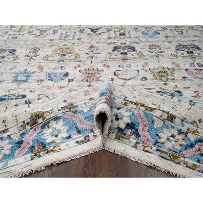 Oushak And Peshawar Wool Hand Knotted Rug Ivory Sky Blue 12.1X14.10 -O084362