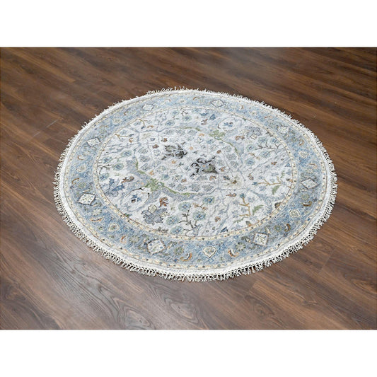 Oushak And Peshawar Wool Hand Knotted Rug Grey Silver Blue 5.0X5.0 -O084365