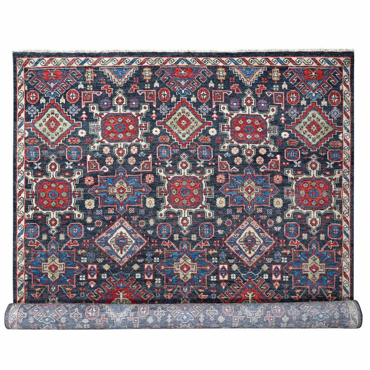 Black 12'0" x 14'10" Heriz Hand knotted Wool Rug -O084387