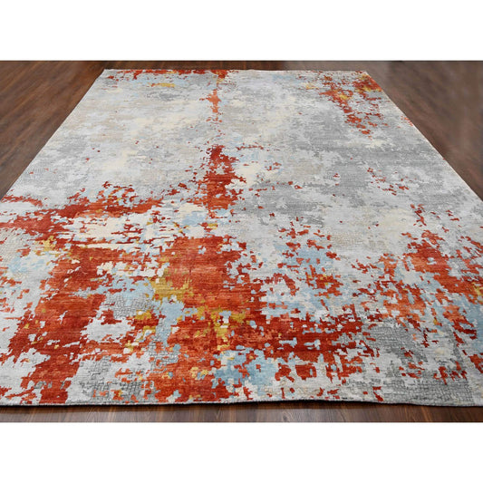 Modern and Contemporary Wool & Silk Hand Knotted Rug Grey No Border 13.9X17.9 -O084455