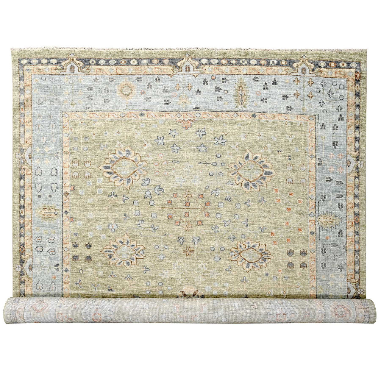 Green 11'9" x 17'9" Oushak And Peshawar Pale Smoke Hand knotted Wool Rug - Sku: O084489