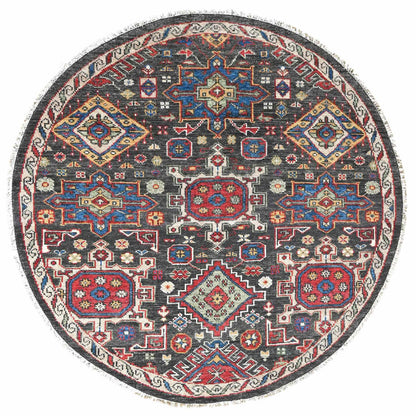 Heriz Wool Hand Knotted Rug Black Shadow White 8.0X8.0 -O084492