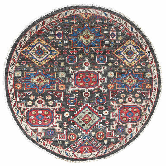 Heriz Wool Hand Knotted Rug Black Shadow White 8.0X8.0 -O084492