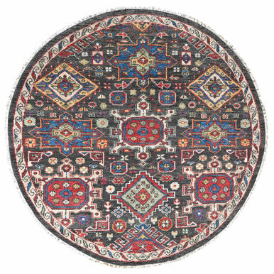 Heriz Wool Hand Knotted Rug Black Shadow White 8.0X8.0 -O084492