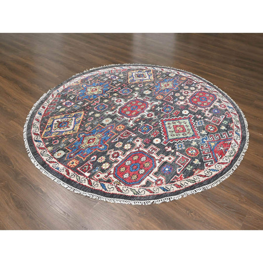 Heriz Wool Hand Knotted Rug Black Shadow White 8.0X8.0 -O084492