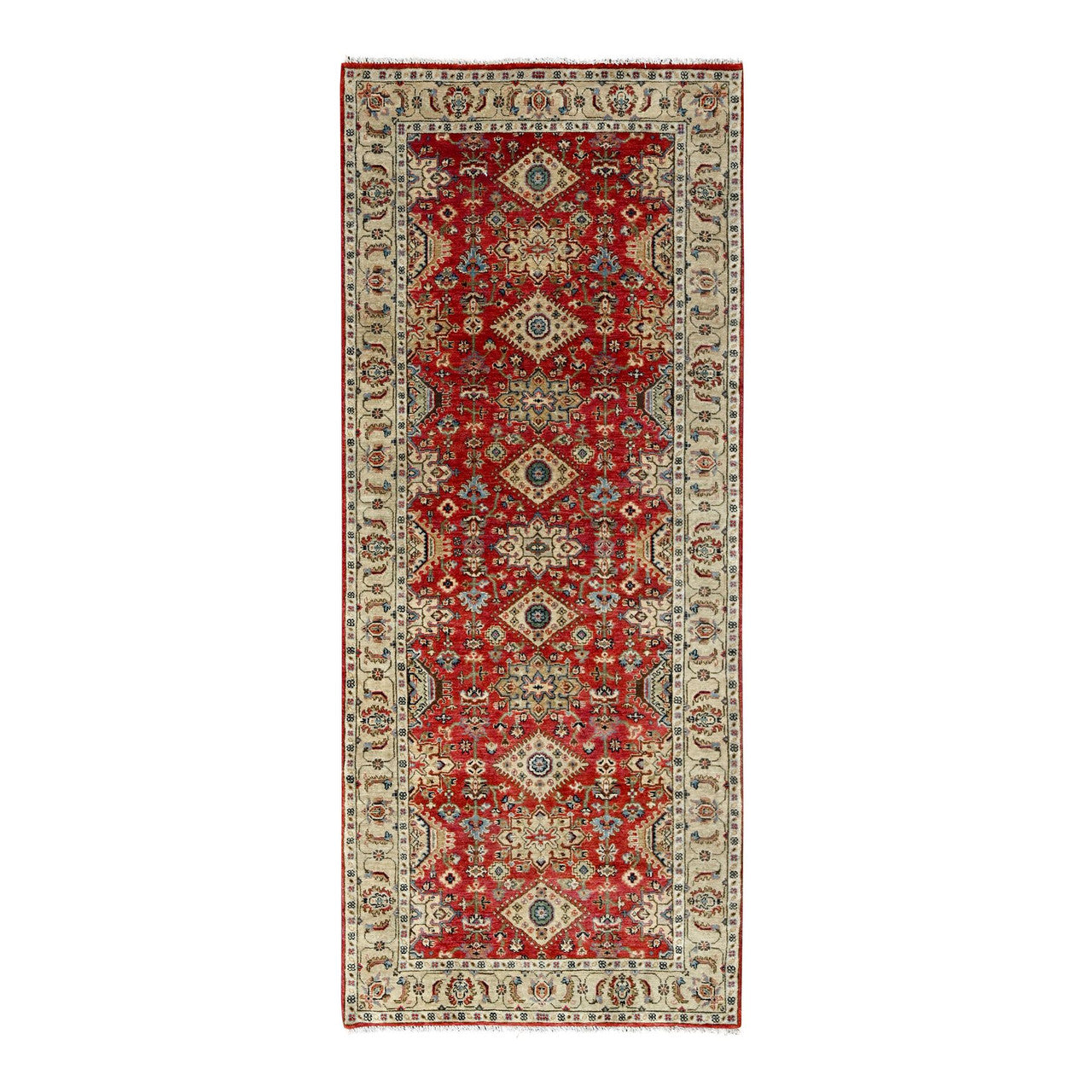 Red 4'1" x 9'10" Heriz Hand knotted Wool Rug - Sku: O084500