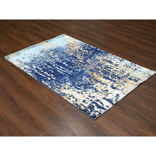 Modern and Contemporary Wool & Silk Hand Knotted Rug Blue No Border 4.0X5.11 -O084515
