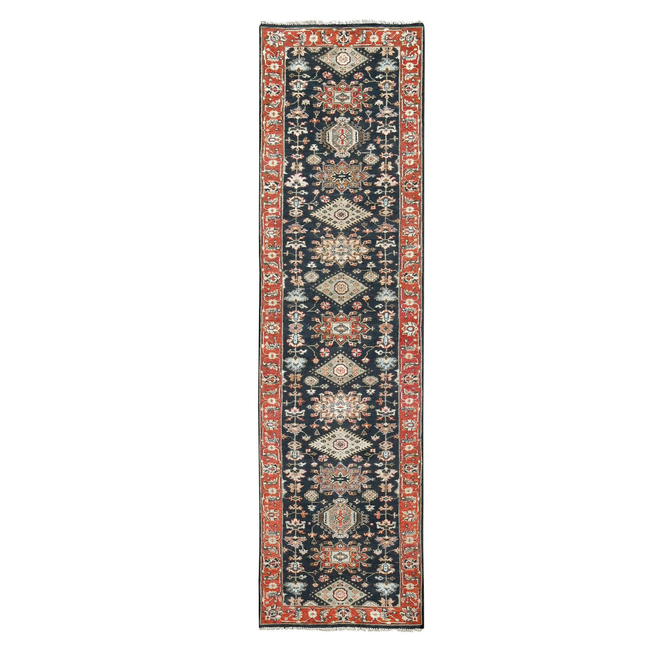 Black 2'9" x 11'10" Heriz Prismatic Hand knotted Wool Rug -O084522