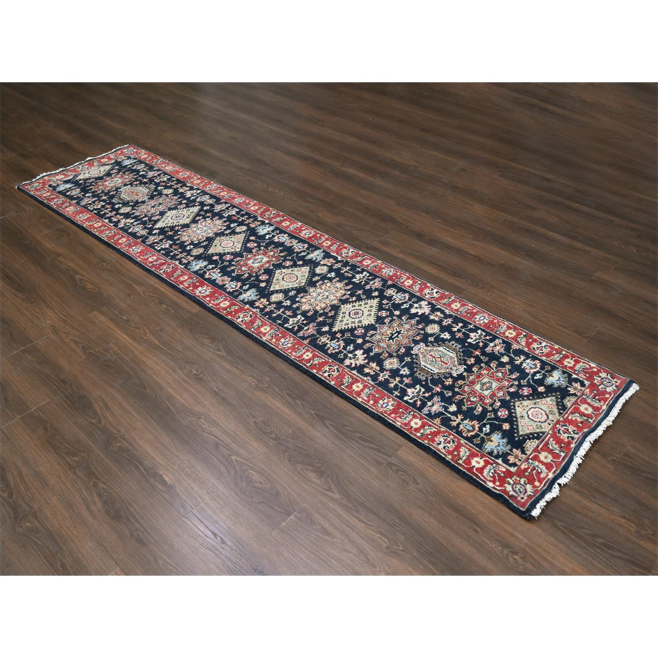 Black 2'9" x 11'10" Heriz Prismatic Hand knotted Wool Rug -O084522
