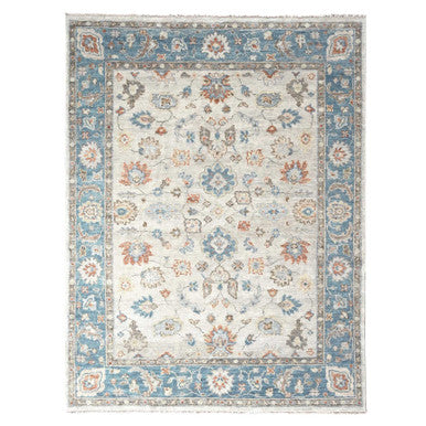 Oushak And Peshawar Wool Hand Knotted Rug Ivory Blue Sapphire 8.1X9.9 -O084556