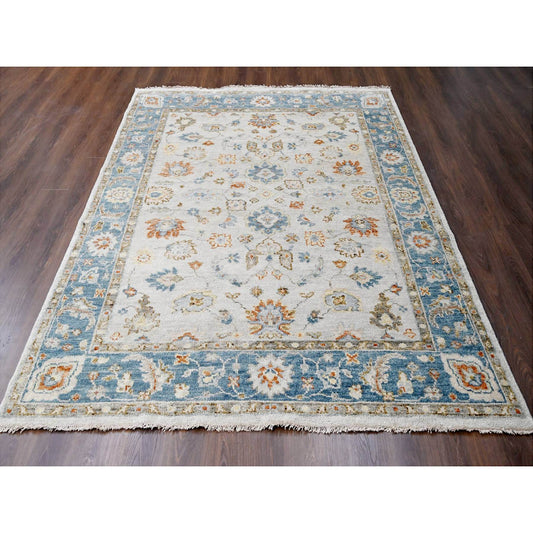 Oushak And Peshawar Wool Hand Knotted Rug Ivory Blue Sapphire 8.1X9.9 -O084556