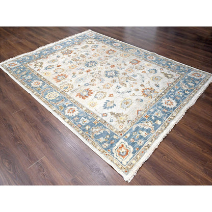 Oushak And Peshawar Wool Hand Knotted Rug Ivory Blue Sapphire 8.1X9.9 -O084556