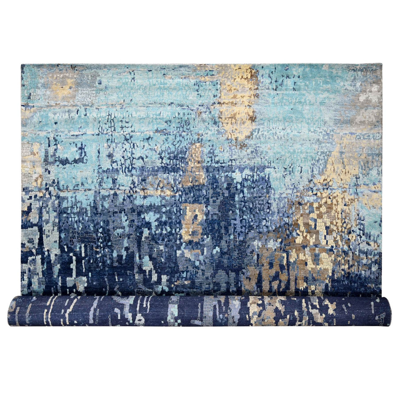 Blue 13'9" x 17'9" Modern and Contemporary Hand knotted Wool/Silk Rug - Sku: O084680