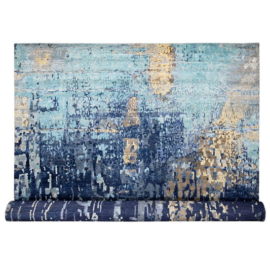 Modern and Contemporary Wool & Silk Hand Knotted Rug Blue No Border 13.9X17.9 -O084680