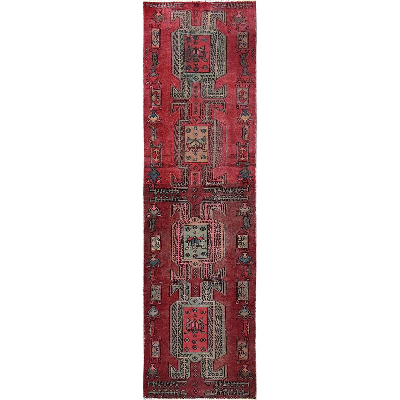 Overdyed & Vintage Wool Hand Knotted Rug Red 2.3x8.5 -O0846
