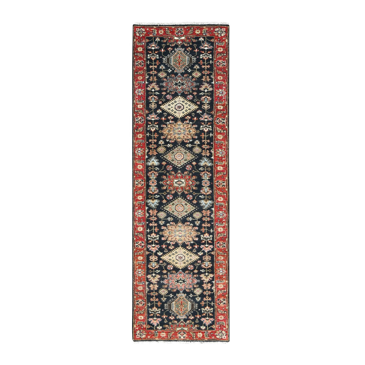 Black 2'7" x 10'1" Heriz Hand knotted Wool Rug -O084710