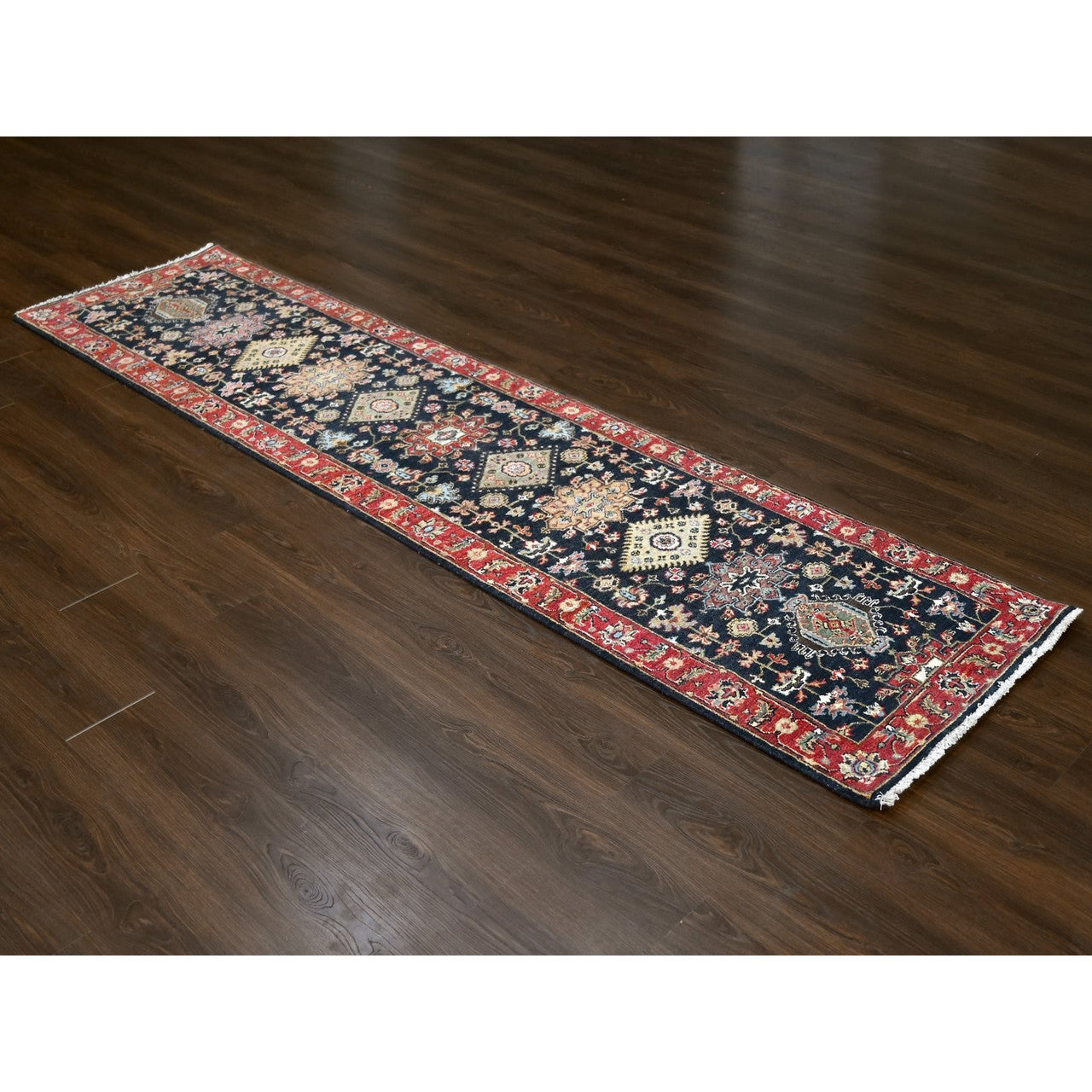 Black 2'7" x 10'1" Heriz Hand knotted Wool Rug -O084710