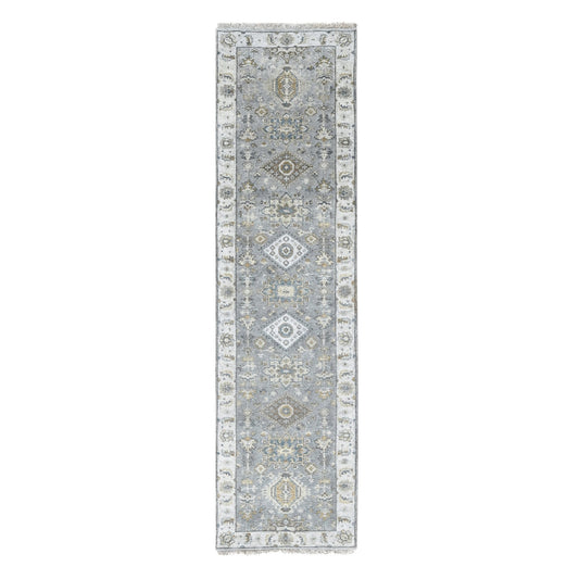 Heriz Wool Hand Knotted Rug Grey Ivory 2.7X10.0 -O084712