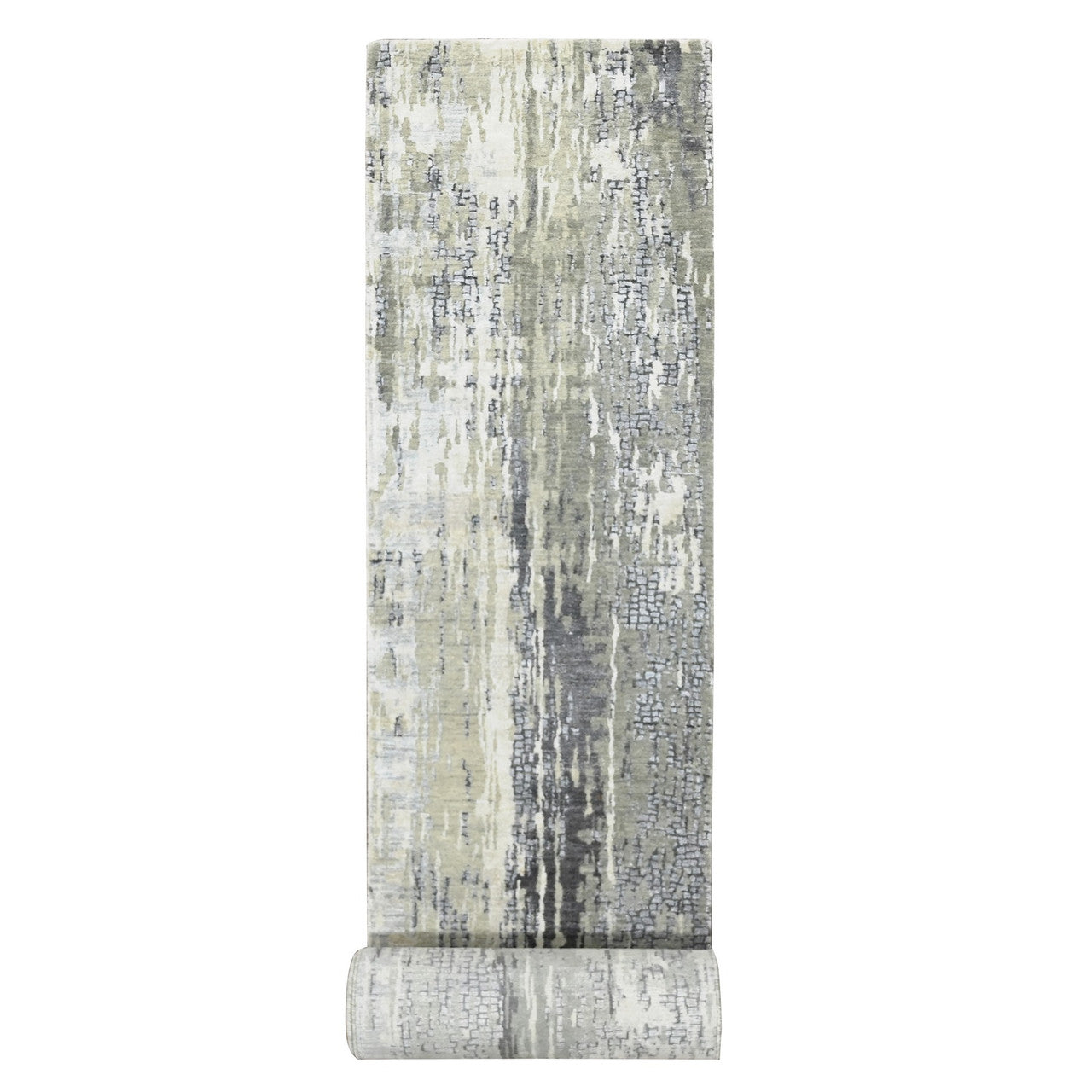 Gray 2'8" x 25'7" Modern and Contemporary Hand knotted Wool/Silk Rug - Sku: O084722