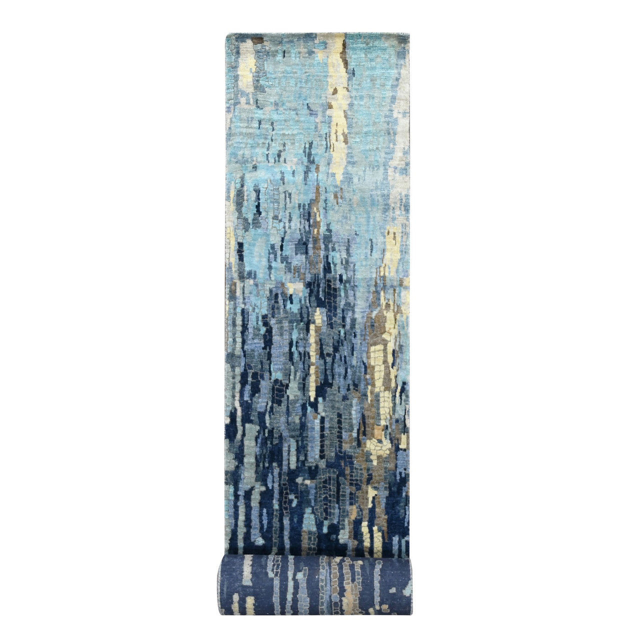 Blue 2'6" x 17'9" Modern and Contemporary Hand knotted Wool/Silk Rug - Sku: O084724