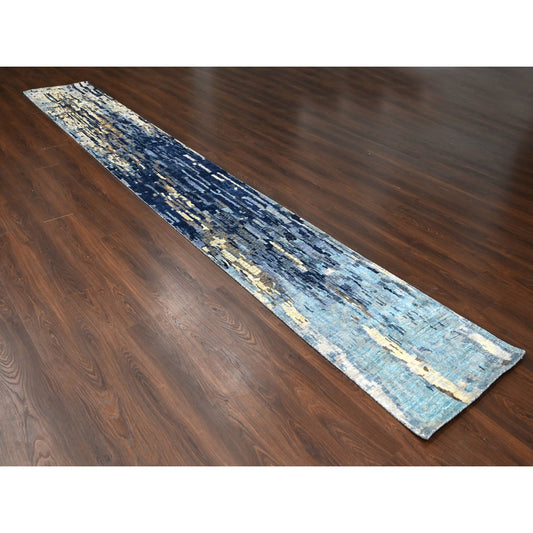 Modern and Contemporary Wool & Silk Hand Knotted Rug Blue No Border 2.6X17.9 -O084724