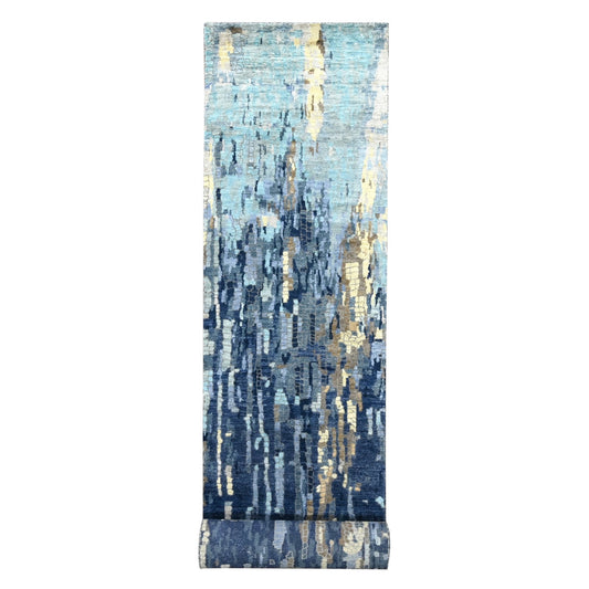 Modern and Contemporary Wool & Silk Hand Knotted Rug Blue No Border 2.7X15.9 -O084725