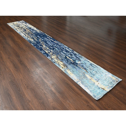 Modern and Contemporary Wool & Silk Hand Knotted Rug Blue No Border 2.7X15.9 -O084725