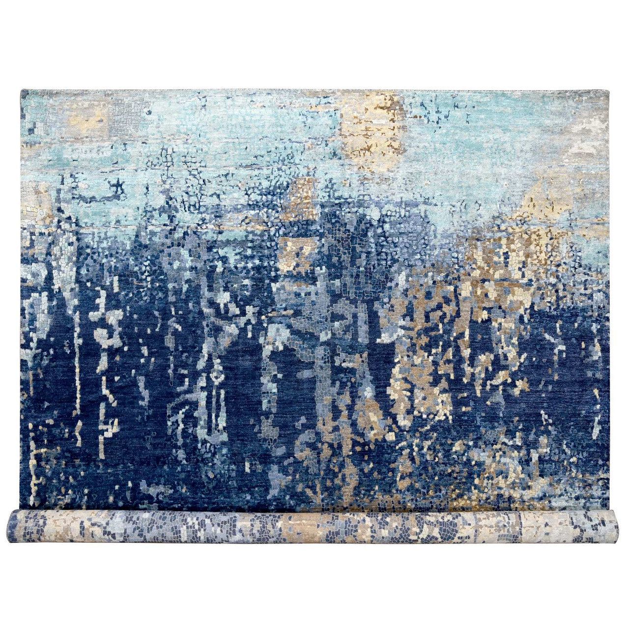 Blue 12'0" x 11'9" Modern and Contemporary Hand knotted Wool/Silk Rug - Sku: O084727