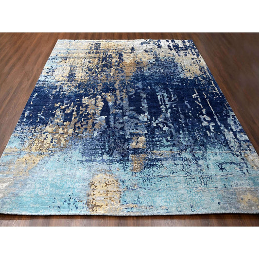 Modern and Contemporary Wool & Silk Hand Knotted Rug Blue No Border 12.0X11.9 -O084727