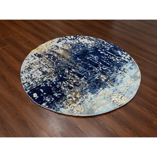 Modern and Contemporary Wool & Silk Hand Knotted Rug Blue No Border 5.10X5.11 -O084752