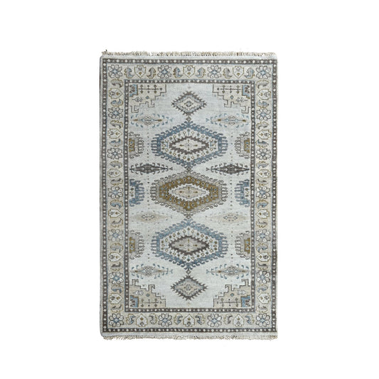 Tribal & Geometric Wool Hand Knotted Rug Grey Vivid White 3.1X5.2 -O084758