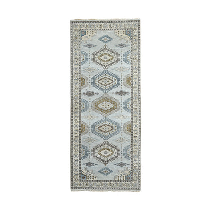 Tribal & Geometric Wool Hand Knotted Rug Grey Acoustic White 4.0X10.1 -O084759