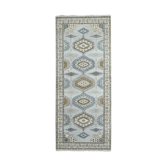 Tribal & Geometric Wool Hand Knotted Rug Grey Acoustic White 4.0X10.1 -O084759